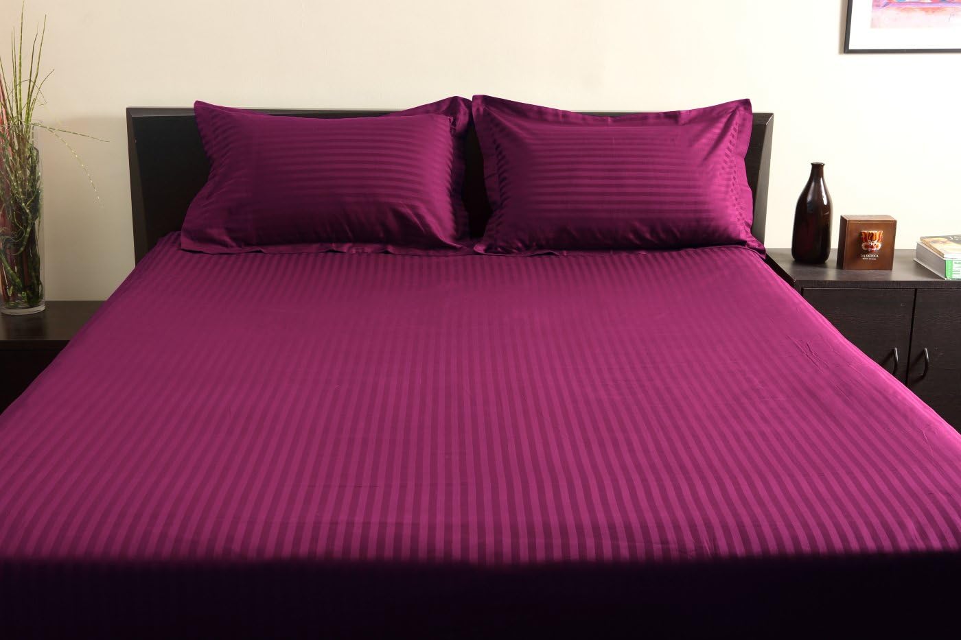 Hothaat Egyptian Cotton Stripe Wine King size 3 piece 10 Inch Deep Sheet Set (1 Fitted Sheet, 2 Pillowcases)(King Size)