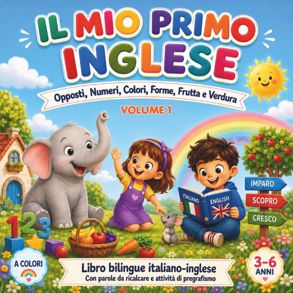 Il Mio Primo Inglese: Libro bilingue italiano-inglese con opposti, numeri, colori, forme, frutta e verdura, immagini a colori e parole da ricalcare per bambini 3–6 anni