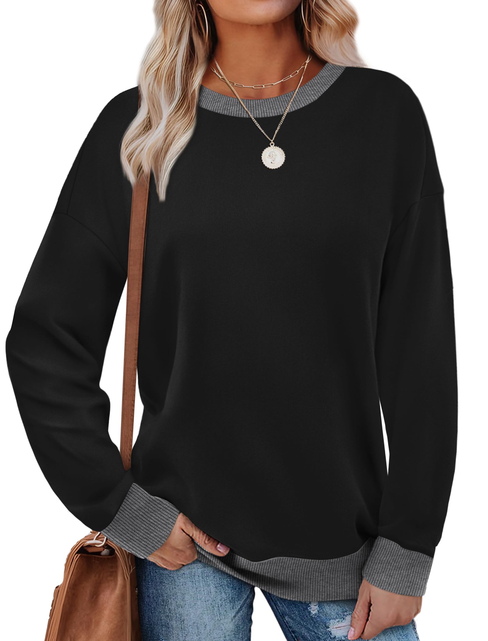 Saloogoe Sweatshirts for Women Crewneck Long Sleeve Loose Fit Tops Color Block Ribbed Trim Fashion 2025