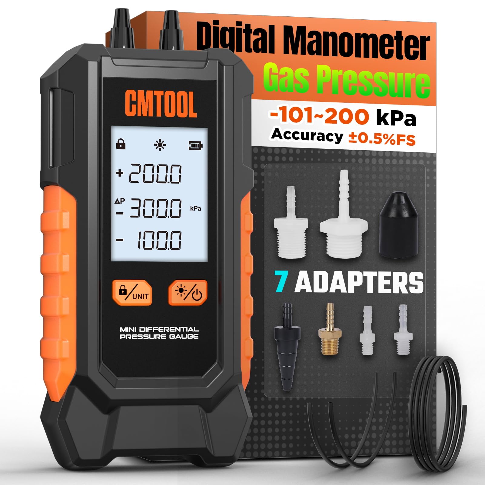 CMTOOL Manometer Gas Pressure Tester, Digital Manometer,-101-200Kpa, 6 Units Differential Pressure Gauge, Max/Min/Data Lock, 2-Port Tester for HVAC/Automotive Brake/Industrial/Lab Calibration-picture-20