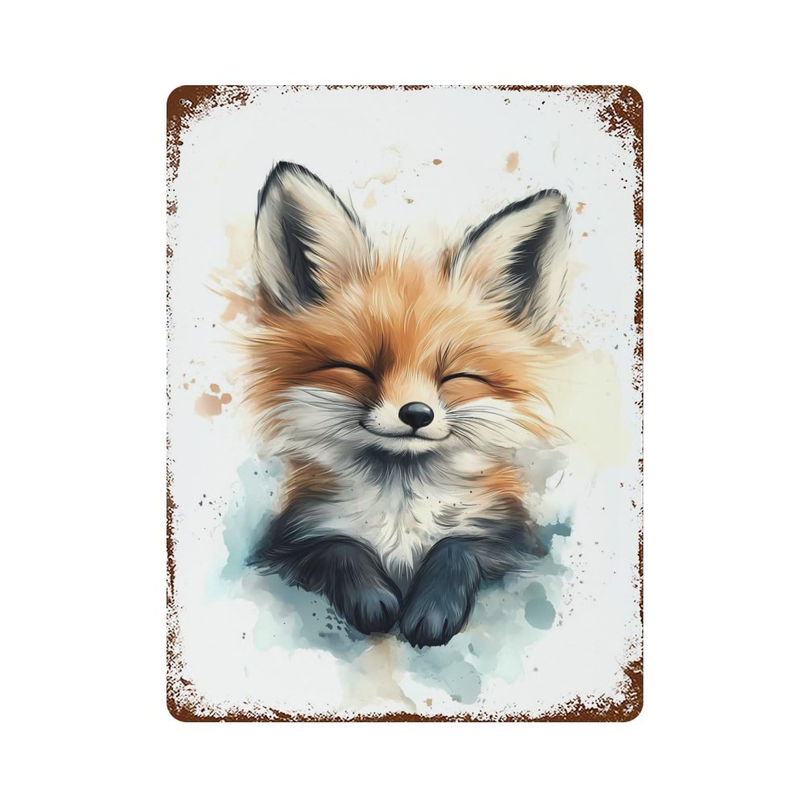 Garage Style Cute Smiling Fox Watercolor Vintage Rust Metal Sign 15.7"x11.8", Industrial Home Decor for Bar And Workshop