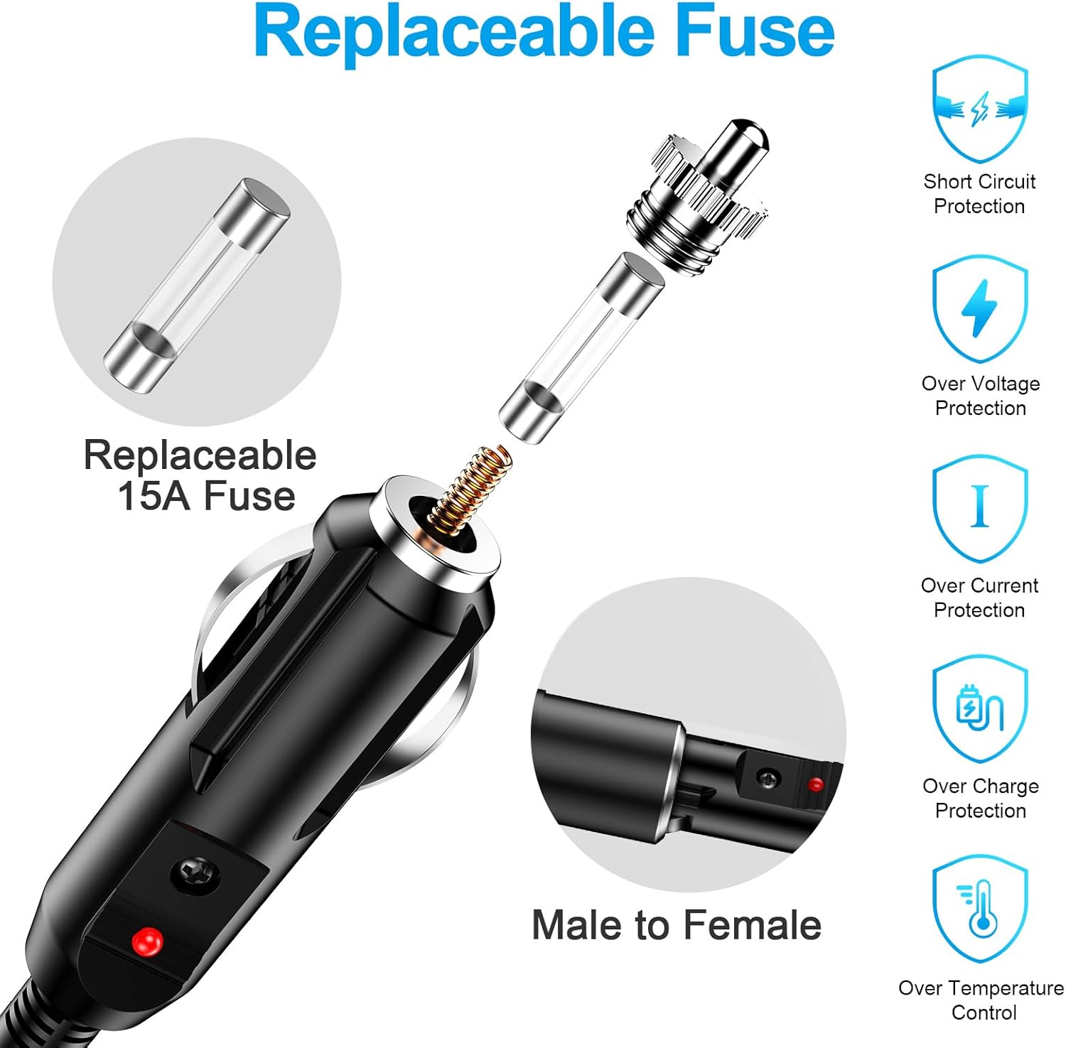 Car Cigarette Lighter Splitter Adapter 2 Sockets, Multi Plug Outlet Extension Cord 12V-24V Dual Female Socket Automotive Replacement Cigarette Lighter 2-Way Splitter Y-Adapter with 15A Fuse