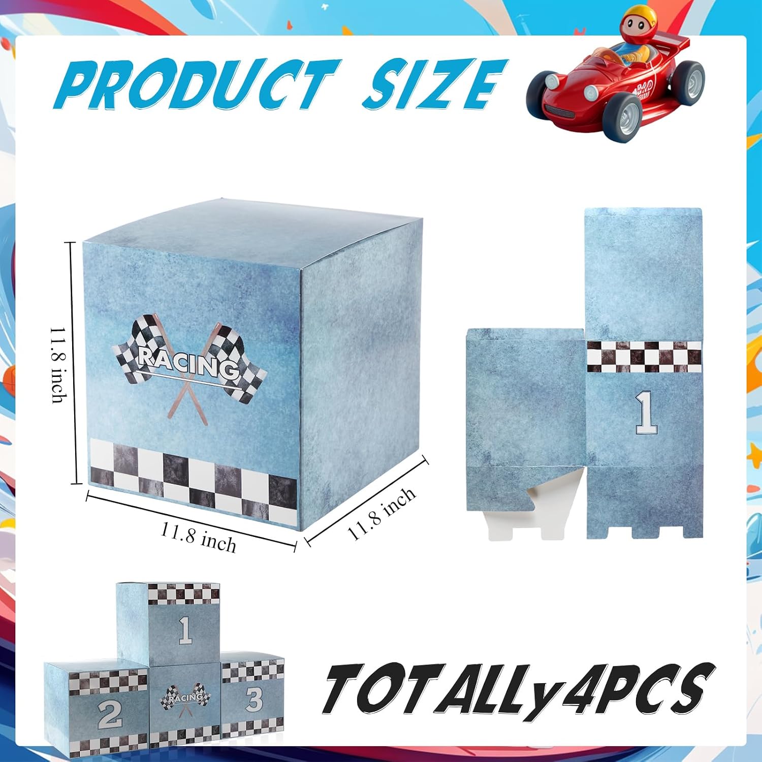 Zhanmai 4 Pcs Large Race Car Party Boxes Birthday Decorations, Blue image 3