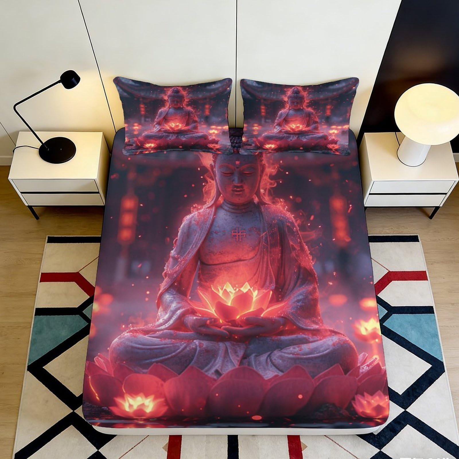 3D Printed Meditative Buddha Fitted Sheet Microfiber Soft Red Lotus Mattress Cover for Bedroom Dorm Decor 90x200x25cm