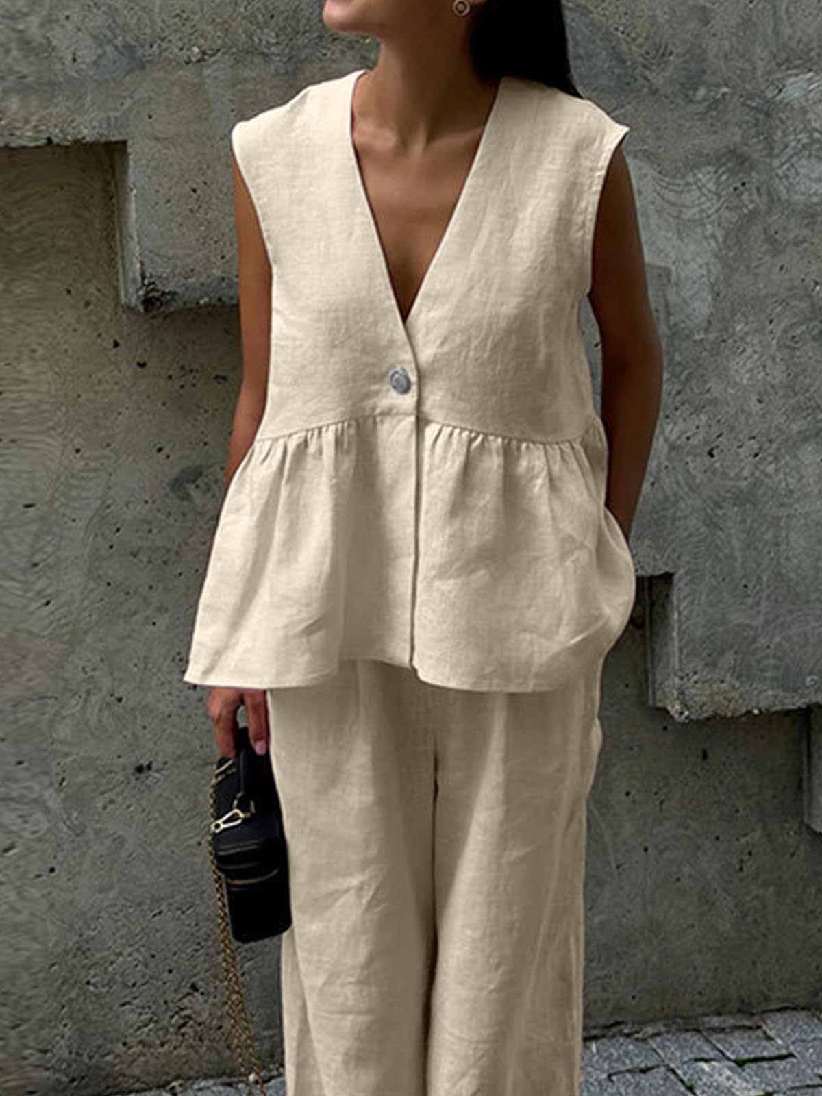 Volemo Zweiteiliges ärmelloses Set mit V-Ausschnitt für Damen, breite Bein-Weste, Elegante Sommer-Anzüge für den Urlaub