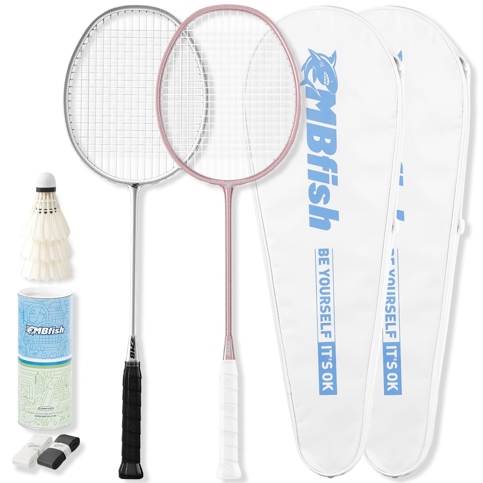 MBFISH Badminton Racket Set with 2 Carbon Fiber Racquets 5U, 3 Shuttlecocks, 2 Racket Grip Tapes and 2 Badminton Bag - Perfect for Outdoor Games and