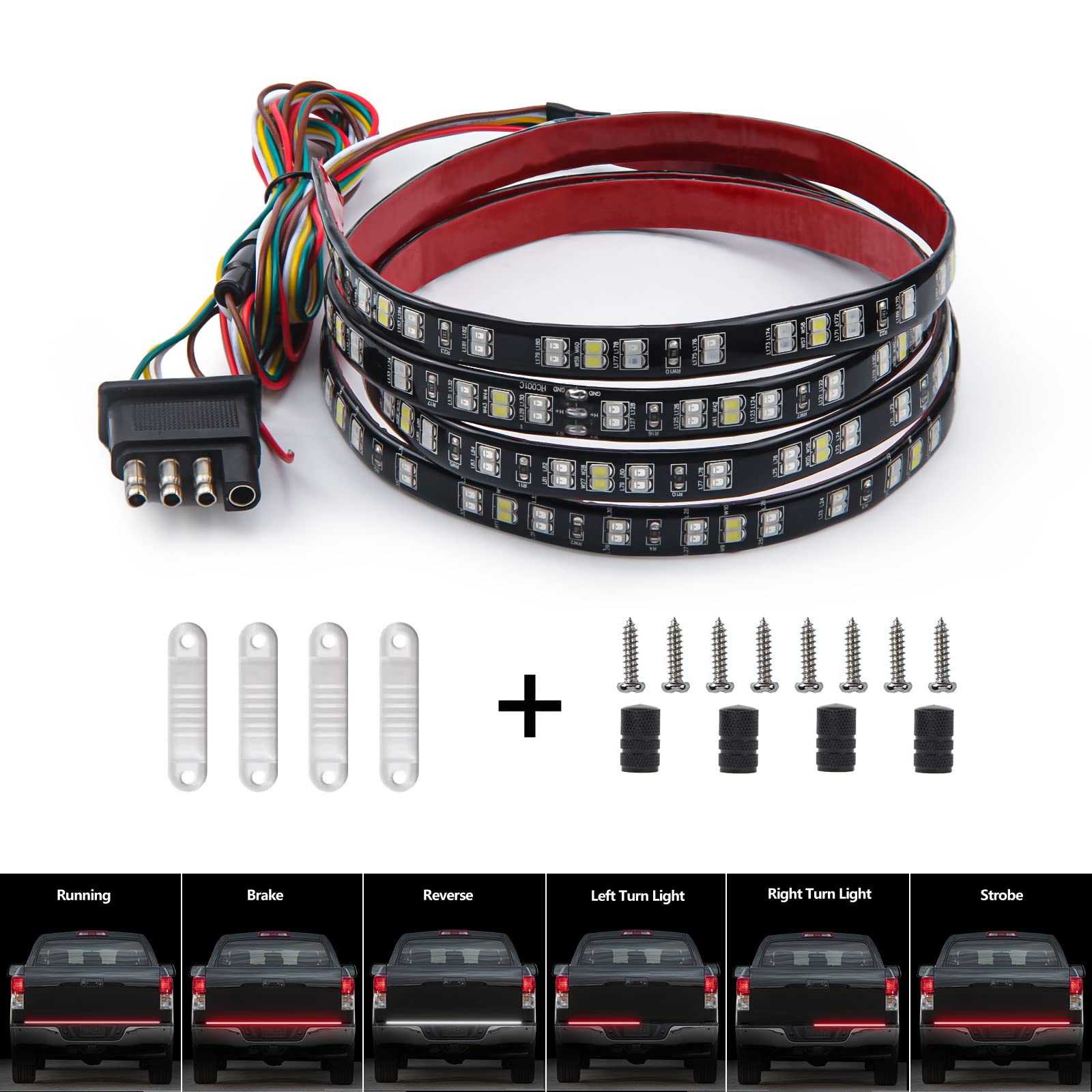 HYB 60inch LED Tailgate Light Bar Double Row 256 LEDs Truck Tailgate Strip Light 4-Way Flat Connector Wire with Brake Reverse Running Turn Signal Strobe for Pickup Trailer Jeep
