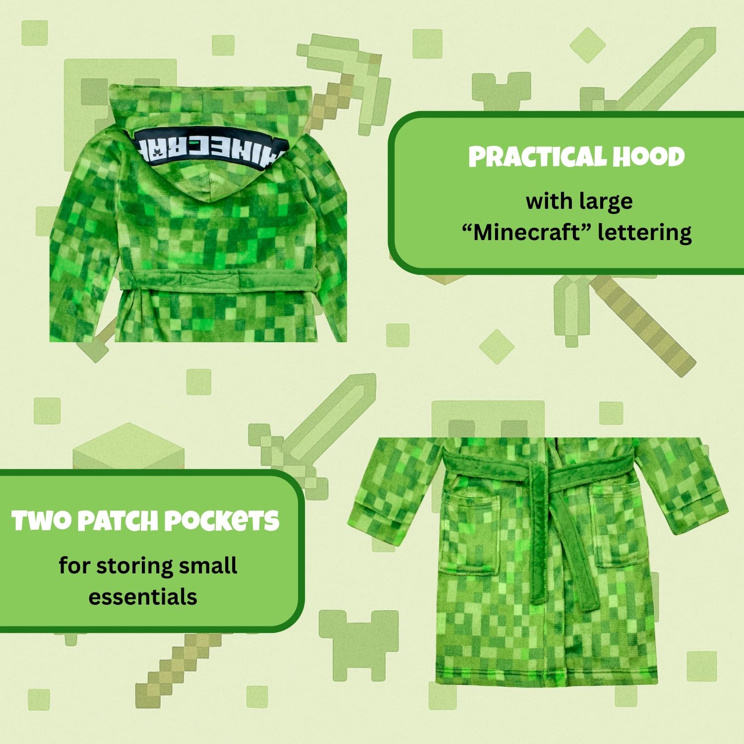 Minecraft Bademantel Kinder Jungen Fleece Morgenmantel mit Kapuze Creeper Design