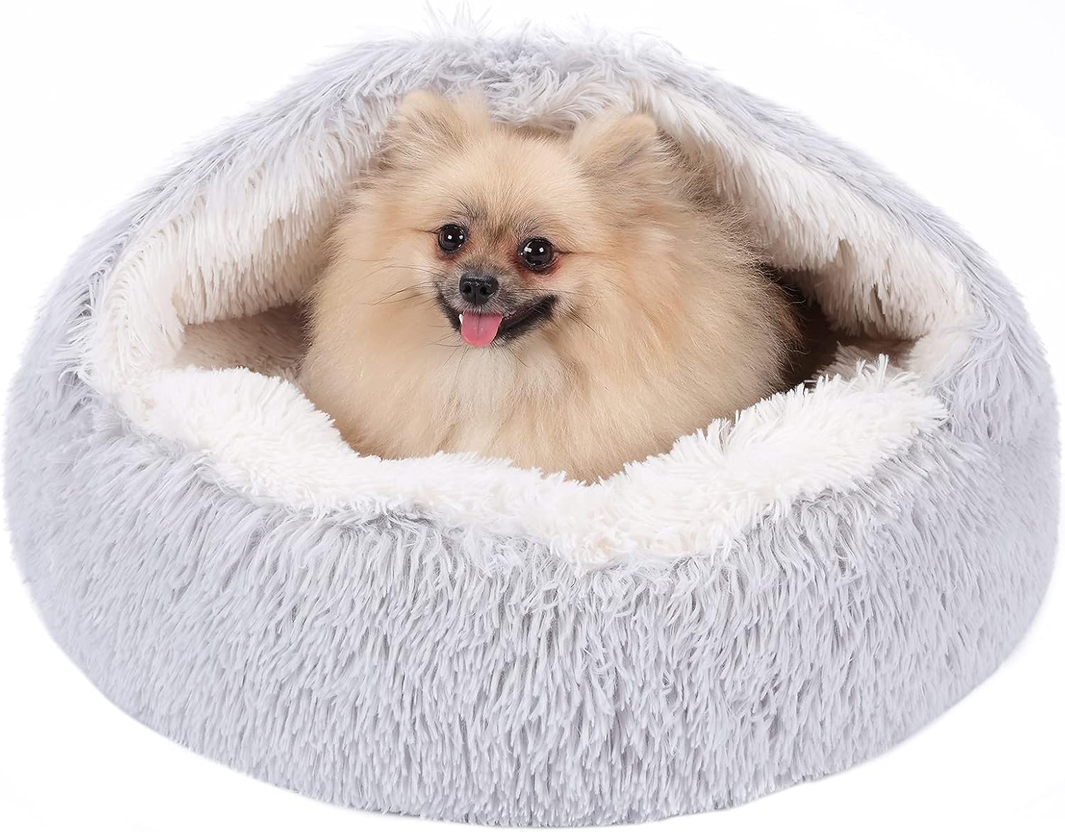 Neekor Cozy Hooded Cuddler Dog Cat Cave Bed, Covered Plush Donut Fluffy Cat Bed with Hoods, Snuggler Calming Burrowing Pet Bed Fuzzy…