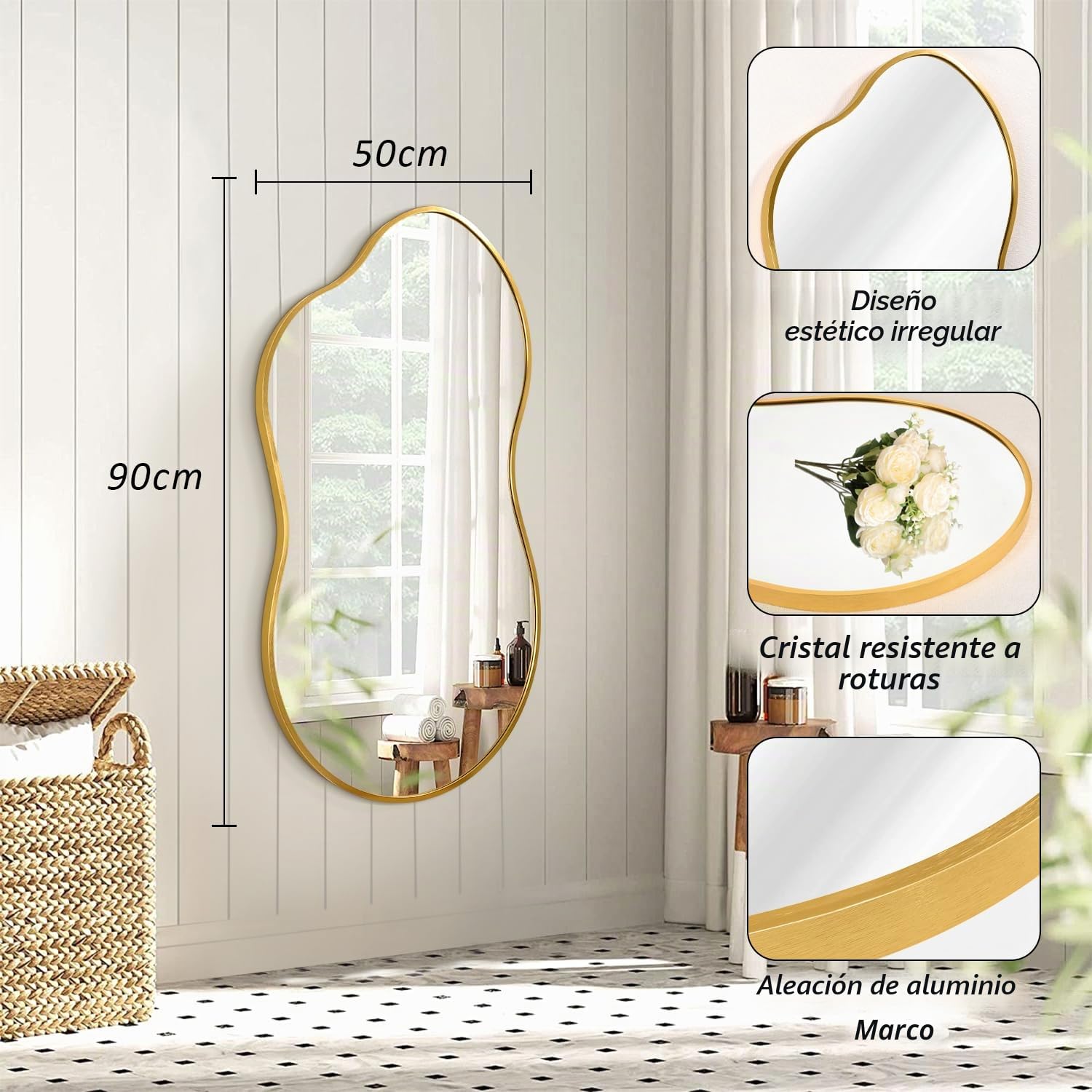 JJUUYOU Espejo de pared asimétrico grande con marco de metal dorado irregular, moderno y único, espejo decorativo para baño, tocador, dormitorio, sala de estar, entrada, pasillo, espejos 50 x 90 cm