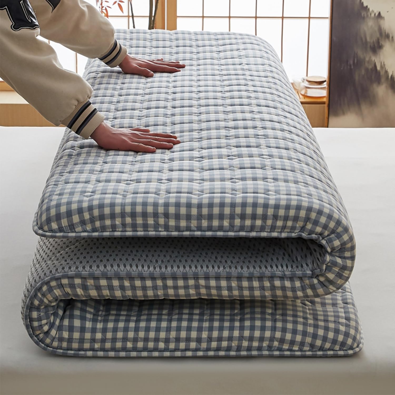 Surmatelas de sol japonais en coton lavé jacquard antidérapant pour dortoir d'étudiant - Tapis pliable - Bleu - 90 x 190 cm - Lit double - 5 cm d'épaisseur - Coton lavé de qualité supérieure - Tapis