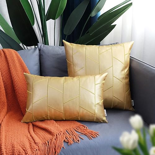 Miniatura 3 de BRAWARM Fundas de almohada de piel sintética de 16 x 16 pulgadas, fundas de almohada de cuero dorado, paquete de 2, almohadas decorativas de cuero