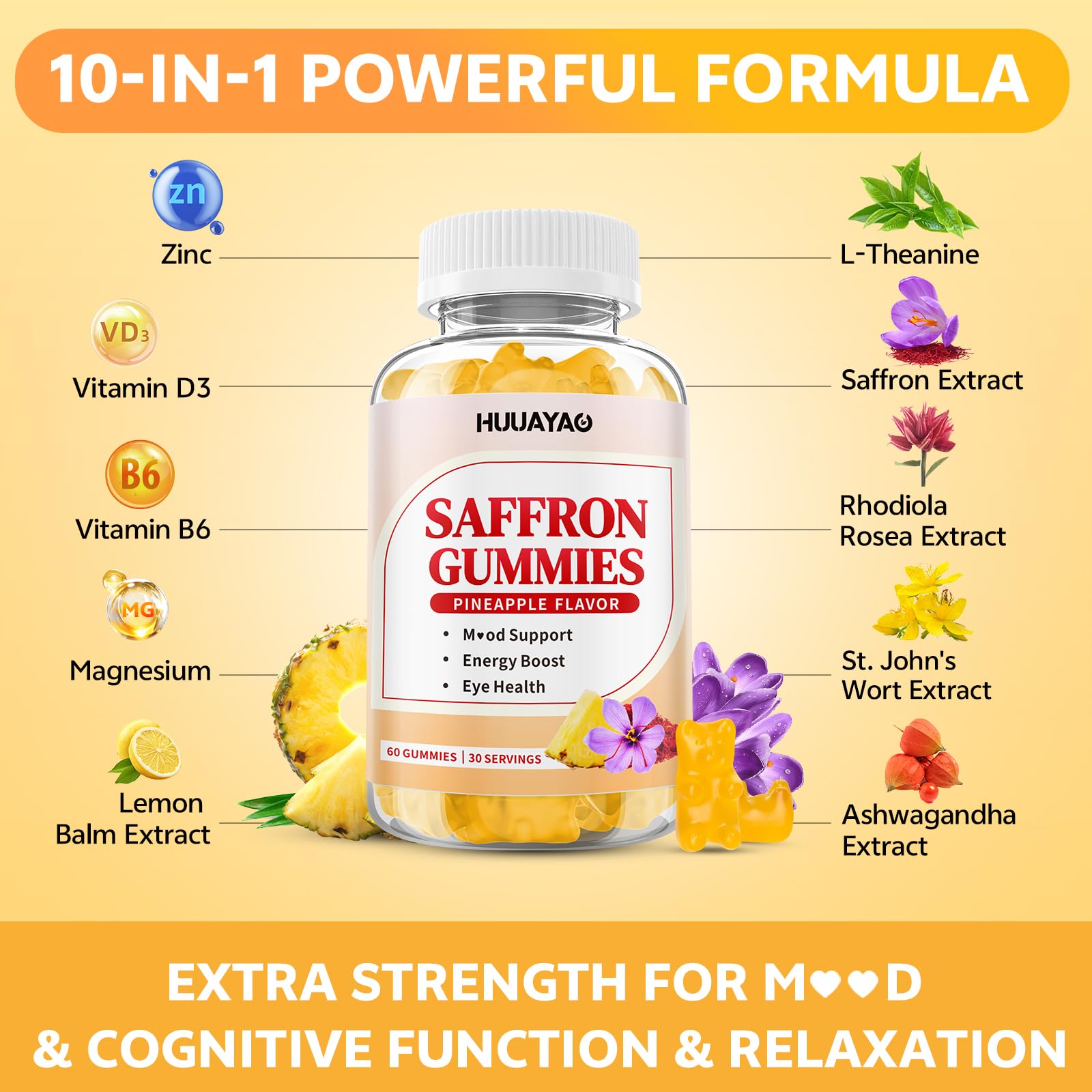 10-IN-1 Saffron Gummies, Sugar Free Saffron Supplements with Ashwagandha, L-Theanine, Rhodiola Rosea, Vitamin D3, B6, Magnesium & Zinc for Mood, Energy, Focus Support, Pineapple Flavor, 60 Count — Amazon image 4