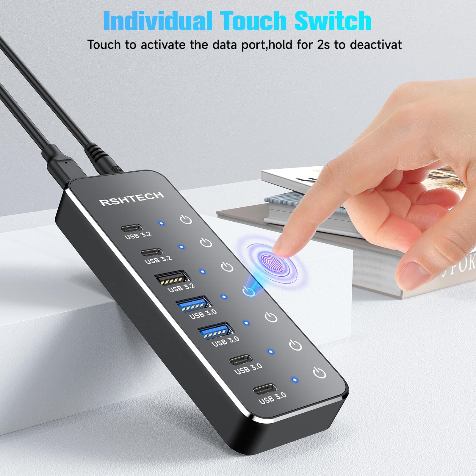 RSHTECH - Divisor de concentrador USB 3.2/USB-C de 7 puertos con 3 puertos USB 3.2 de 10 Gbps (2C + 1A), 4 puertos USB-3.0 (2C + 2A), cable de 3.2 pies, interruptores táctiles y adaptador de corriente