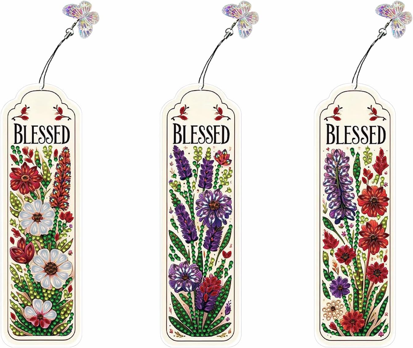 BAYUNOE 3Pcs Diamond Art Bookmarks with Colorful Butterfly Pendant Ornament PET Diamond Art Painting Bookmark Single Sided Diamond DIY Crafts Gifts for Read Lovers-Flowers02