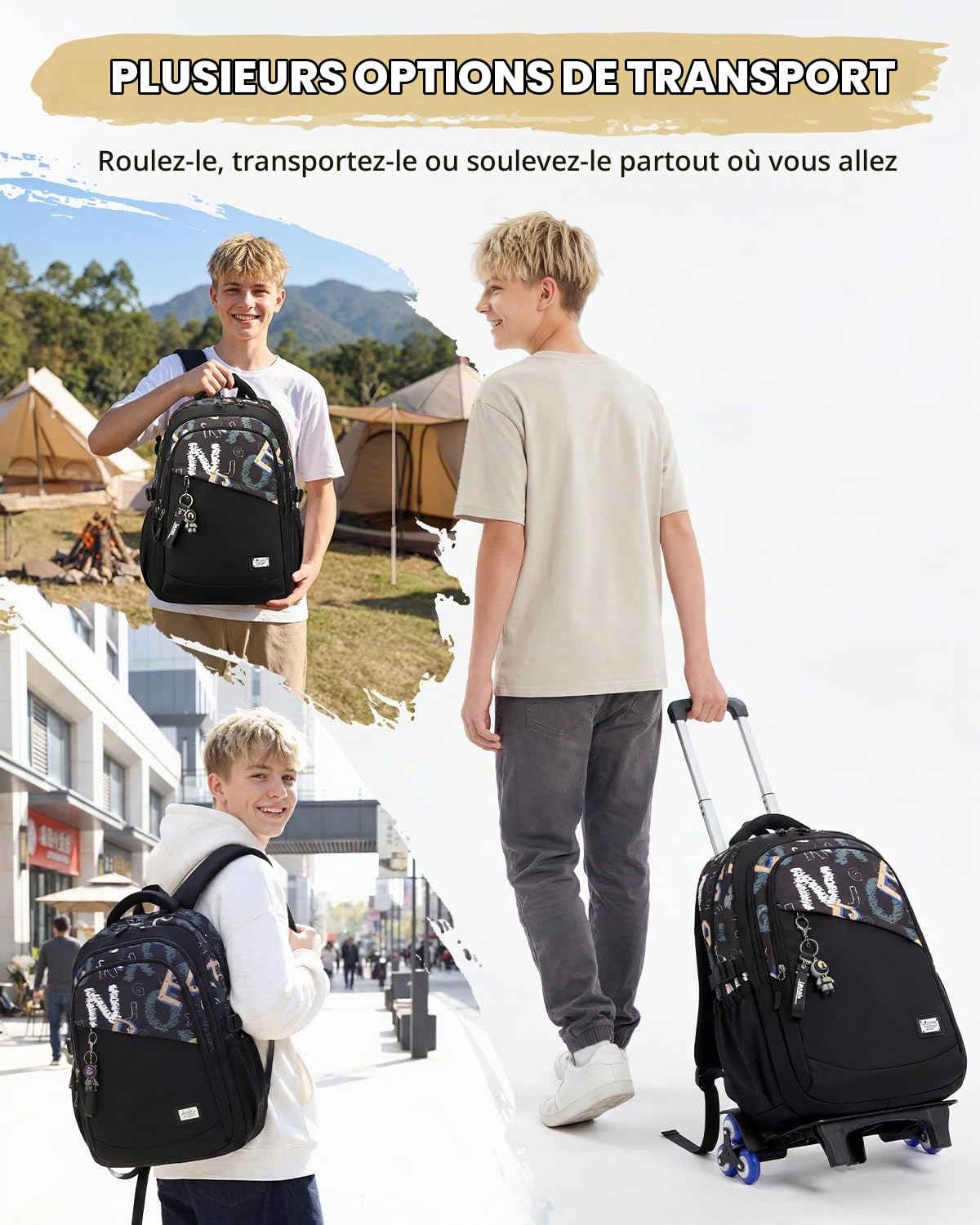 Sac à Dos à Roulettes pour Garçons, 26L Cartable Roulette Garcon Détachable pour Adolescents, Sac Scolaire Collège et Lycée Imperméable avec 6 Roues pour les Voyages