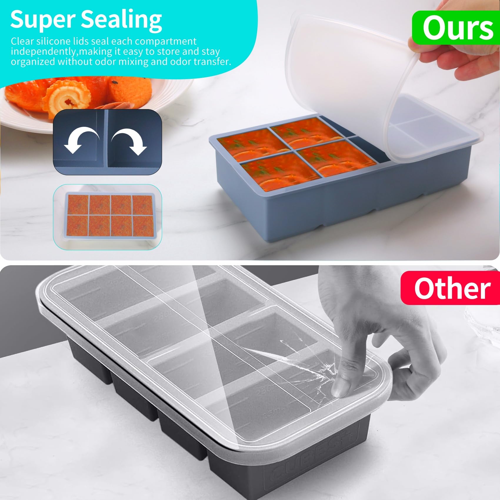Bandeja de silicona para congelador de 1/2 taza con tapa, paquete de 4 moldes de silicona para preparar comidas y congelar varias salsas y otros platos, hace 32 cubos perfectos de porciones de 1/2