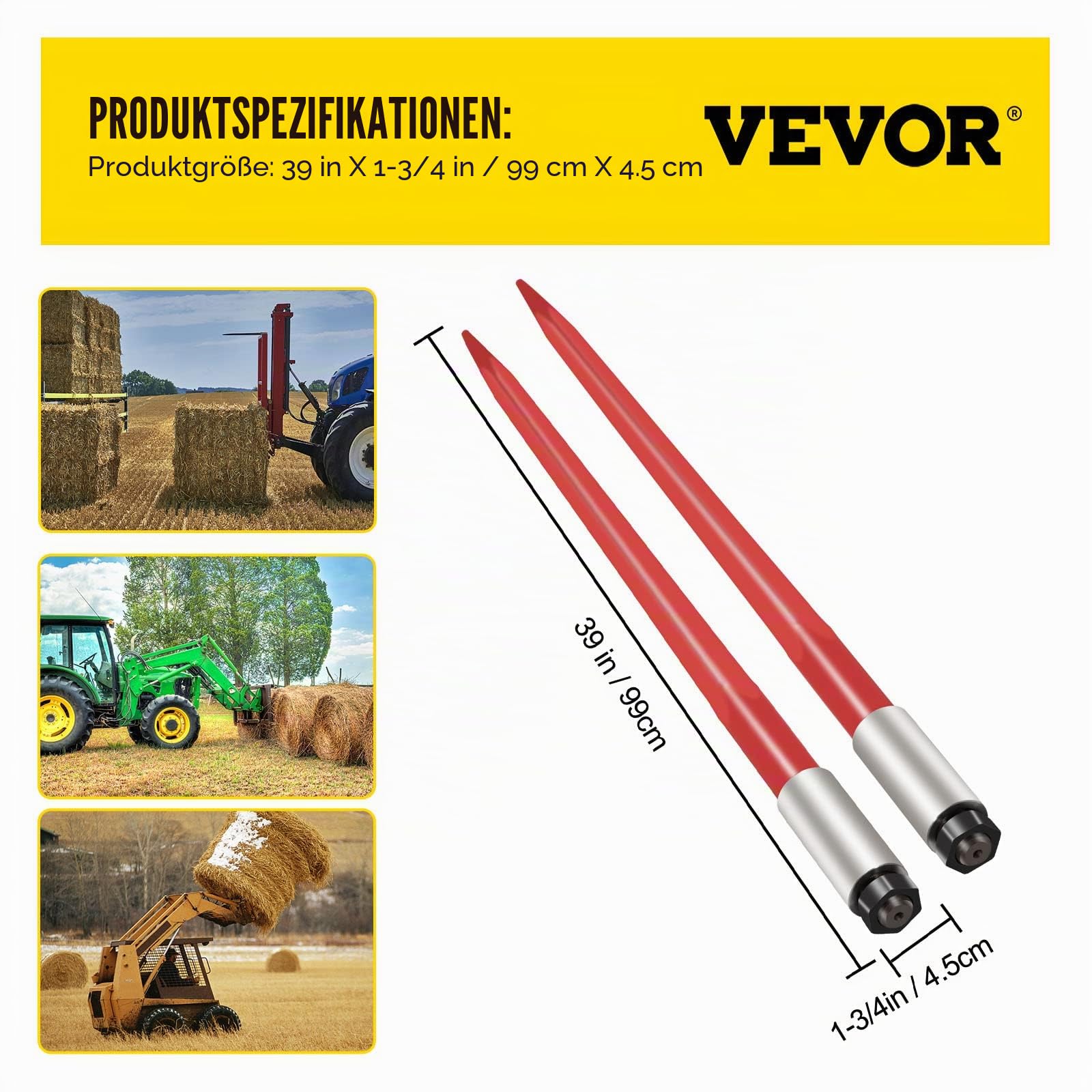 VEVOR Frontladerzinken 4,5 x 99 cm Ballenzinken 1360 kg Kapazität 2er-Set, Schnellbefestigung, quadratische Ballenspieße, rot beschichtete Ballengabeln für Schaufeln, Traktoren, Lader