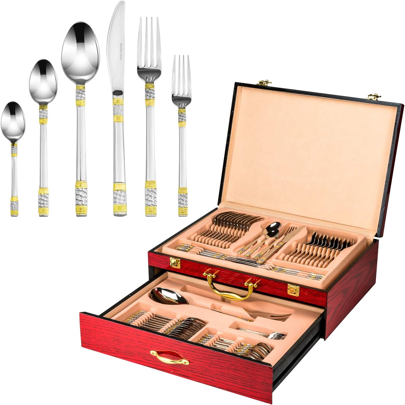 75-Piece Cutlery Set 'Principe' 24K Gold-Plated Service for 12, 18/10 Surgical Stainless Steel Flatware Silverware Cutlery with Hostess Set Cherry Color Wood Storage Case