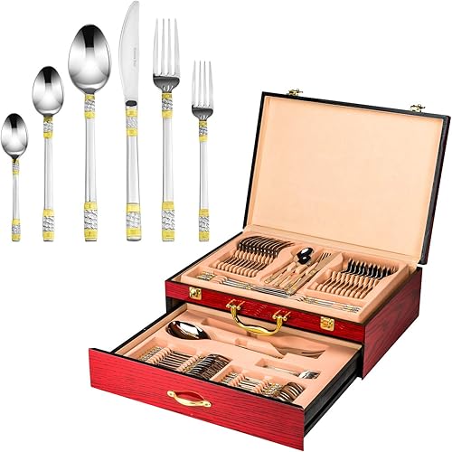 Juego de cubiertos de 75 piezas 'Principe' chapado en oro de 24 quilates para cubiertos de acero inoxidable quirúrgico 12, 1810, cubiertos con juego