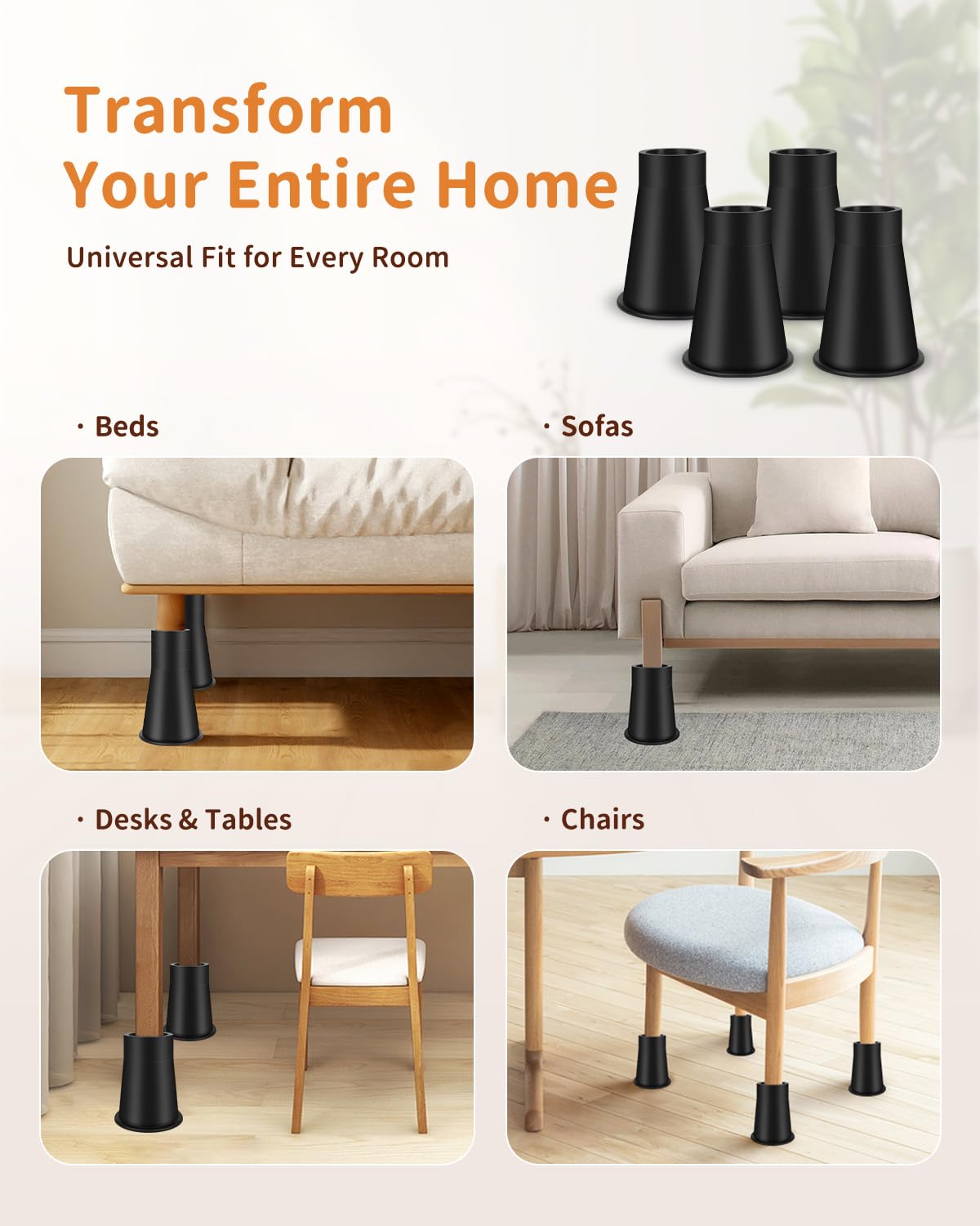Elevadores de cama resistentes de 9.6 pulgadas, elevadores redondos ajustables para camas, sofás, mesas y escritorios (negro, paquete de 4)