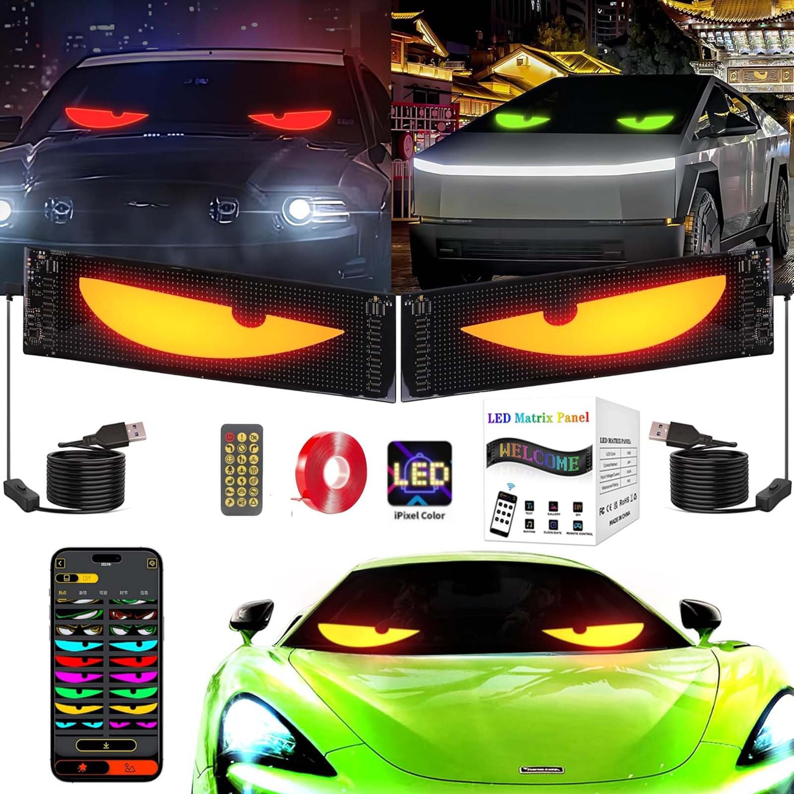 Lampe LED Yeux De Démon Pour Voiture - Écran Souple Pare-brise, Modes Couleur - USB, Contrôle Tactile - Décoration Et Sécurité - 7