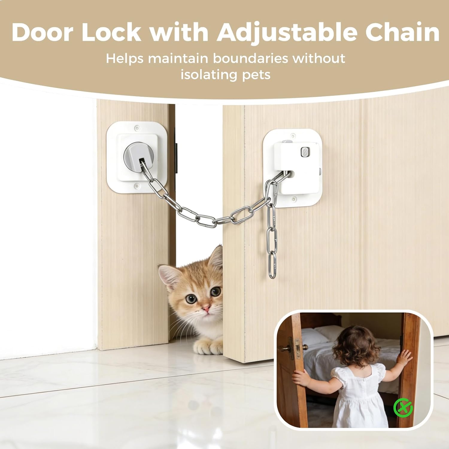 2 PCS Door Lock with Adjustable Chain Strap, Door and Window Safety Latch with Adhesive Pads and Screws, Family-Friendly Door Restrictor for Windows Appliances Furniture