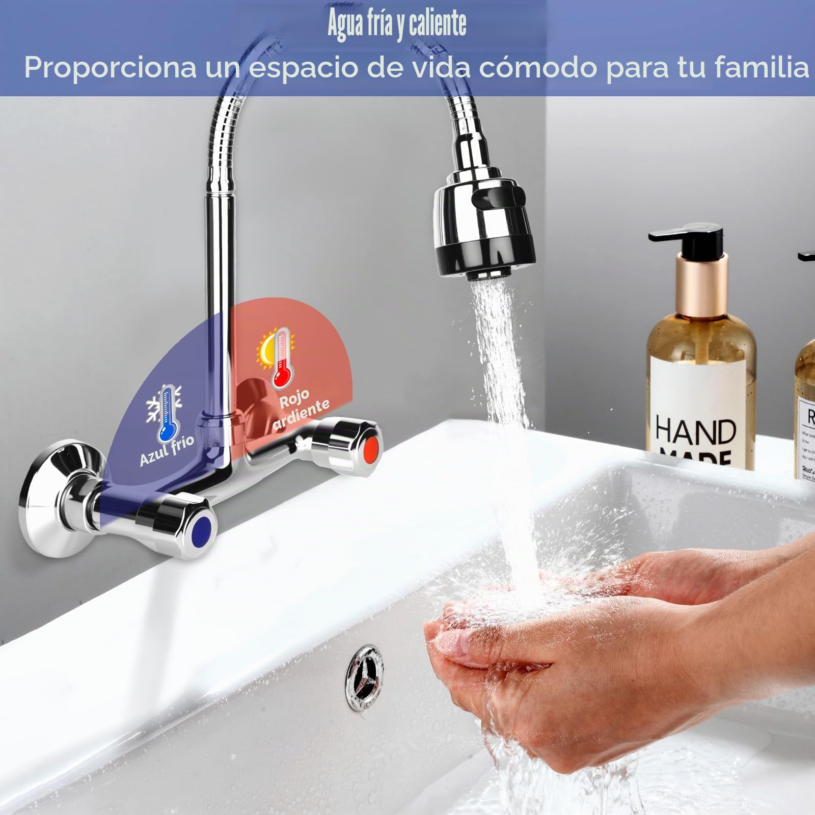 Mezclador de pared de dos manijas de latón, grifo de fregadero giratorio 360°, interruptor de agua fría y caliente, grifo de pared para cocina, grifo de fregadero, 2 modos de drenaje de agua