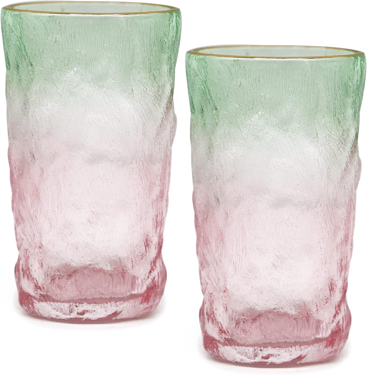 TOSSOW Drinking Glasses Set of 2,Mixed Drink Glassware Sets Glacier Pattern Colorful Glass Water Cups for Wine, Beer, Juice, Mojito and Cocktail(12 oz)