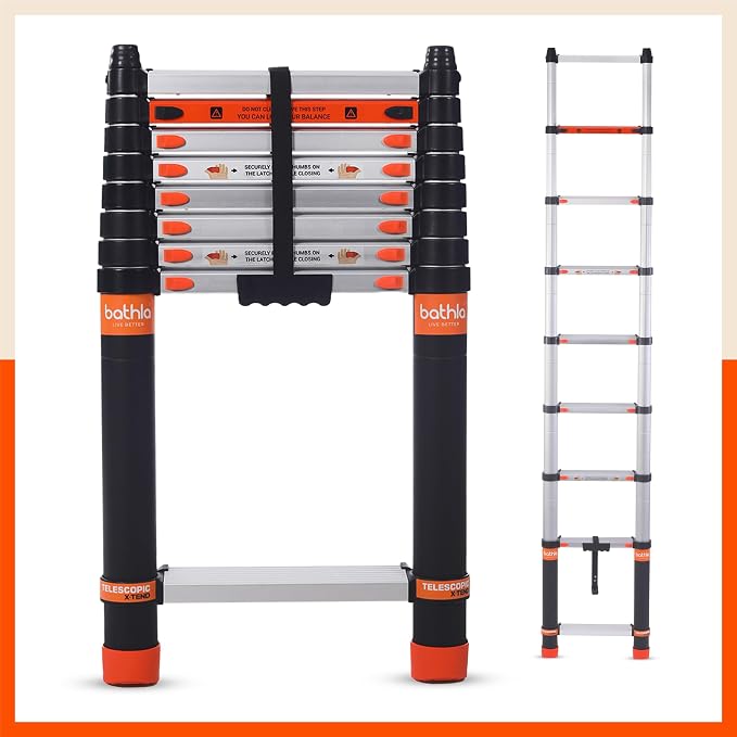 Bathla 8.5ft Aluminium Telescopic Ladder | 2-Year Manufacturer Warranty | Portable & Compact | Made in India (9 Steps - 2.6m) - Foldable Multipurpose Step Ladder for Home & Outdoor use