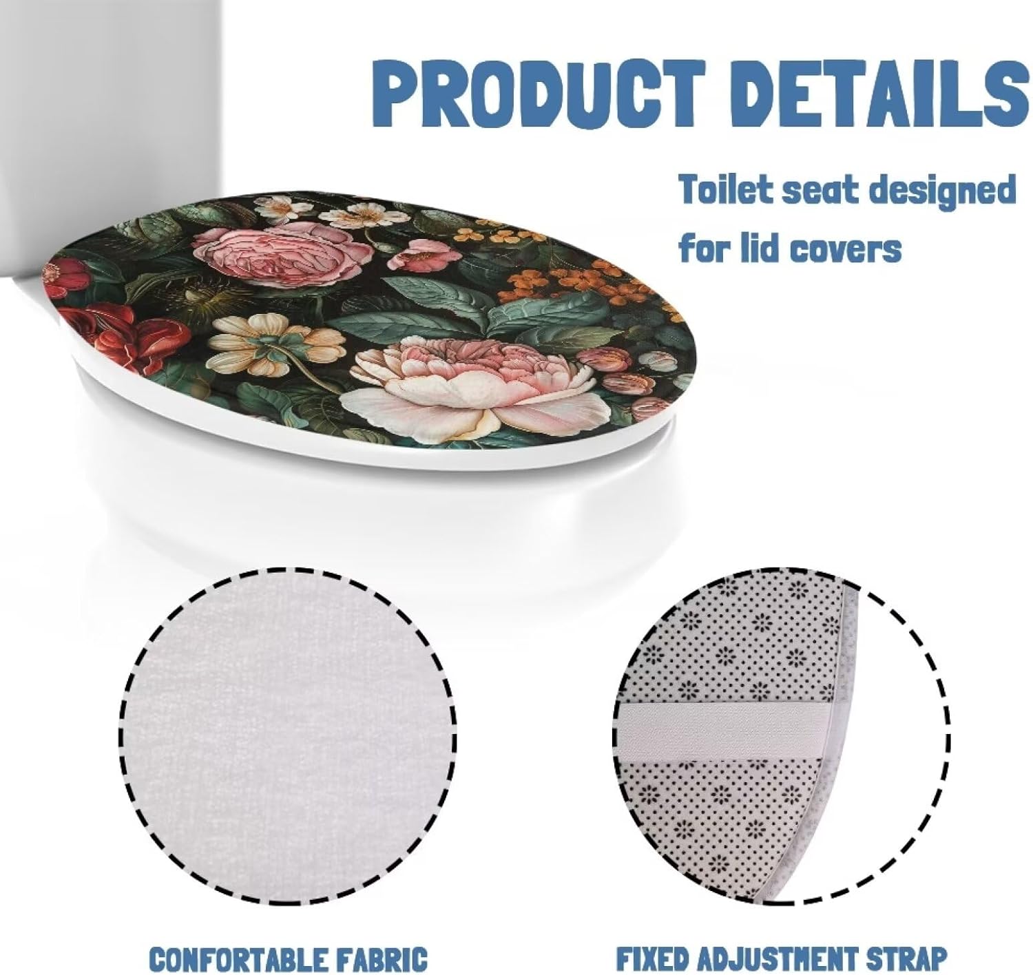 Pink Rose Print Toilet Seat Lid Cover Polyester Fabric Toilet Seat Covers for Bathroom Tank Protector Cover Keep Clean Tidy Universal for Most Toilet Bowl Lids