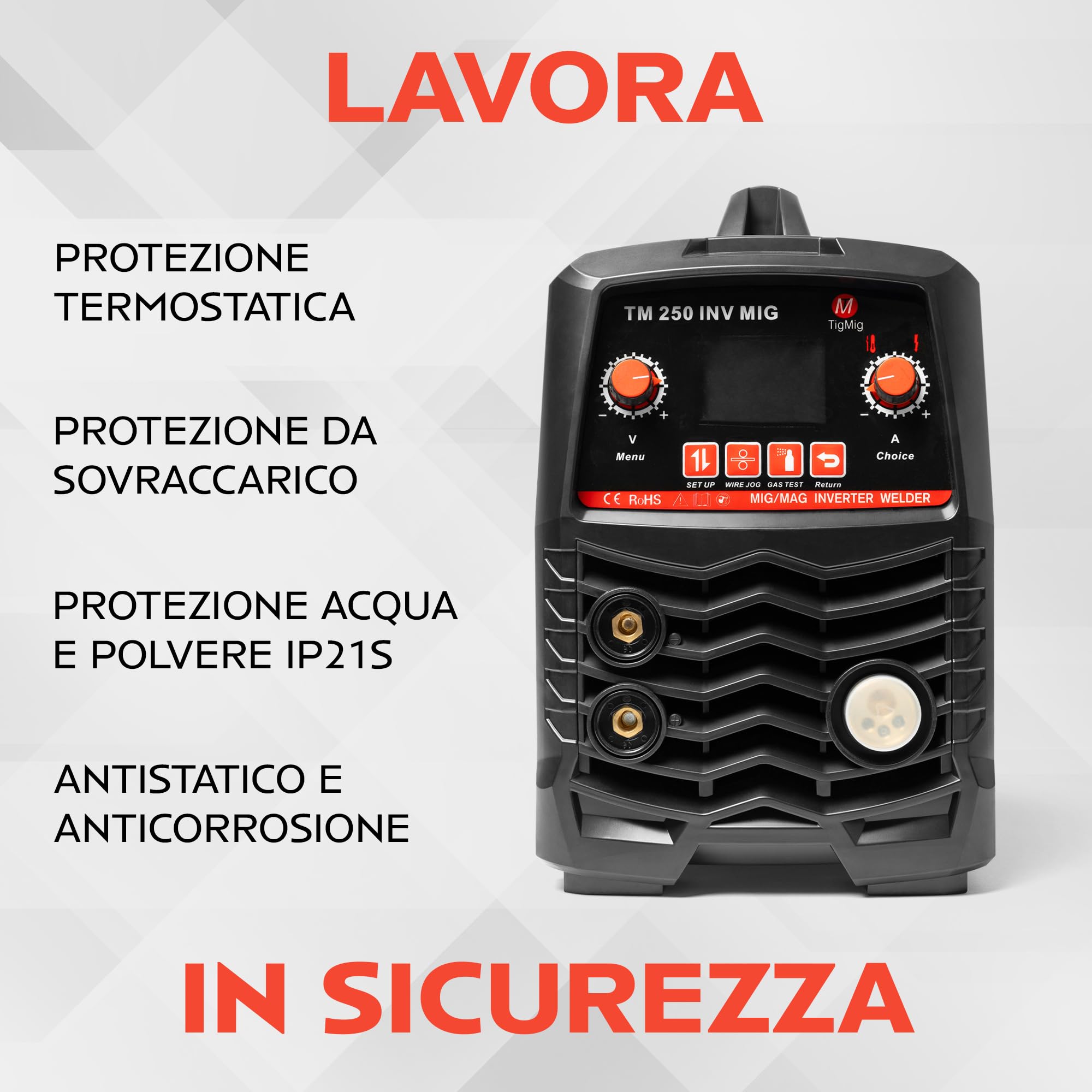 TIGMIG Saldatrice Inverter MIG/MAG (Con o Senza Gas) + FLUX (Filo animato) + MMA, Fino a 200A, Modello TM250INVMIG, Inverter IGBT, Accessori inclusi, Garanzia e Assistenza Italia