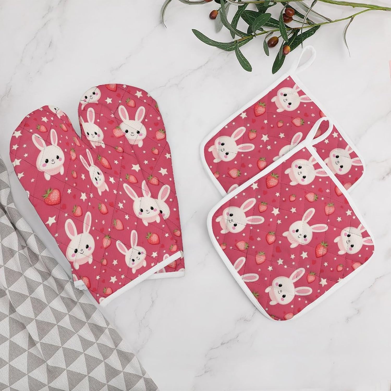 Cute Rabbit 4 Pcs Oven Mitts and Pot Holders Set High Heat Resistant Long Kitchen Oven Glove Potholders