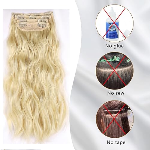 Miniatura 8 de Extensiones de cabello sintético largo ondulado con clip, extensiones de cabello sintético rubio grueso de doble trama con reflejos, extensiones de