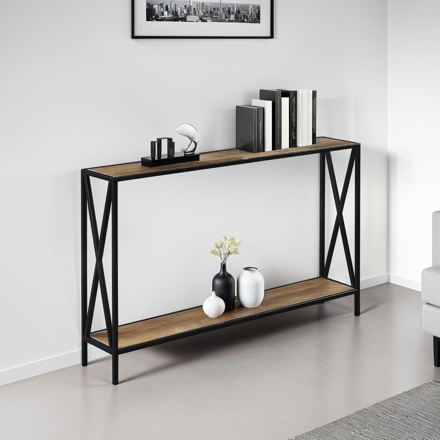 Convenience Concepts Tucson Console Table 47.25" - Modern Sofa Table with Storage Shelf, Entryway Hall Table for Living Room, Weathered Barnwood/Black