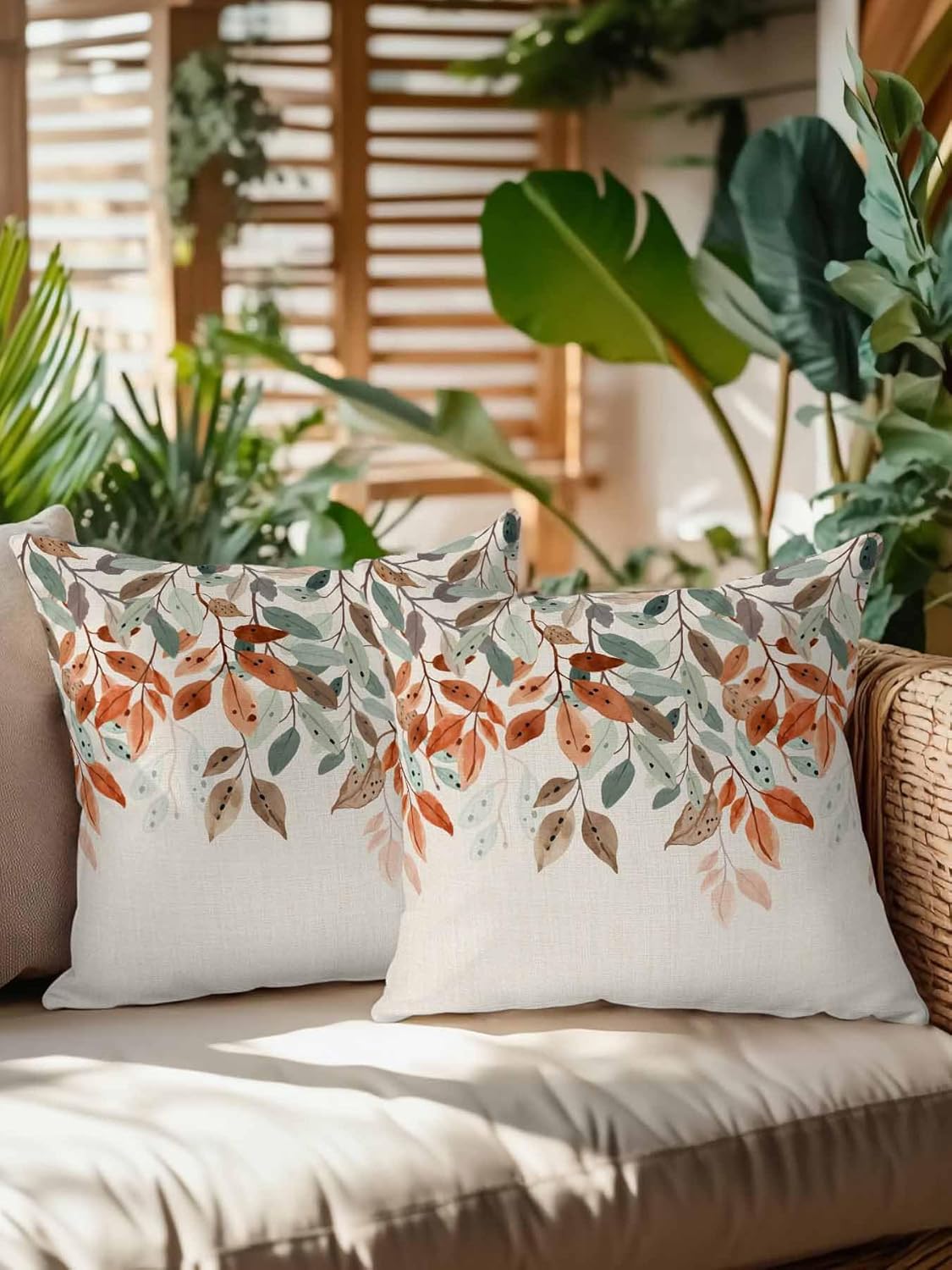 Outdoor Pillows Waterproof, Vintage Leaves Throw Pillows with Inserts Included, Summer Botanical Pastoral Watercolor Rustic Indoor Outdoor Decorative Lumbar Pillow for Bed/Couch/Patio 18"x18", 2Pcs
