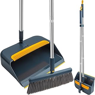 Besen- und Kehrschaufel-Set mit langem Griff, Kehrschaufel mit langem Griff, 180 Grad drehbare Bürste, für drinnen und draußen, Küche, Lobby, Schlafsaal, Klassenzimmer (blau)
