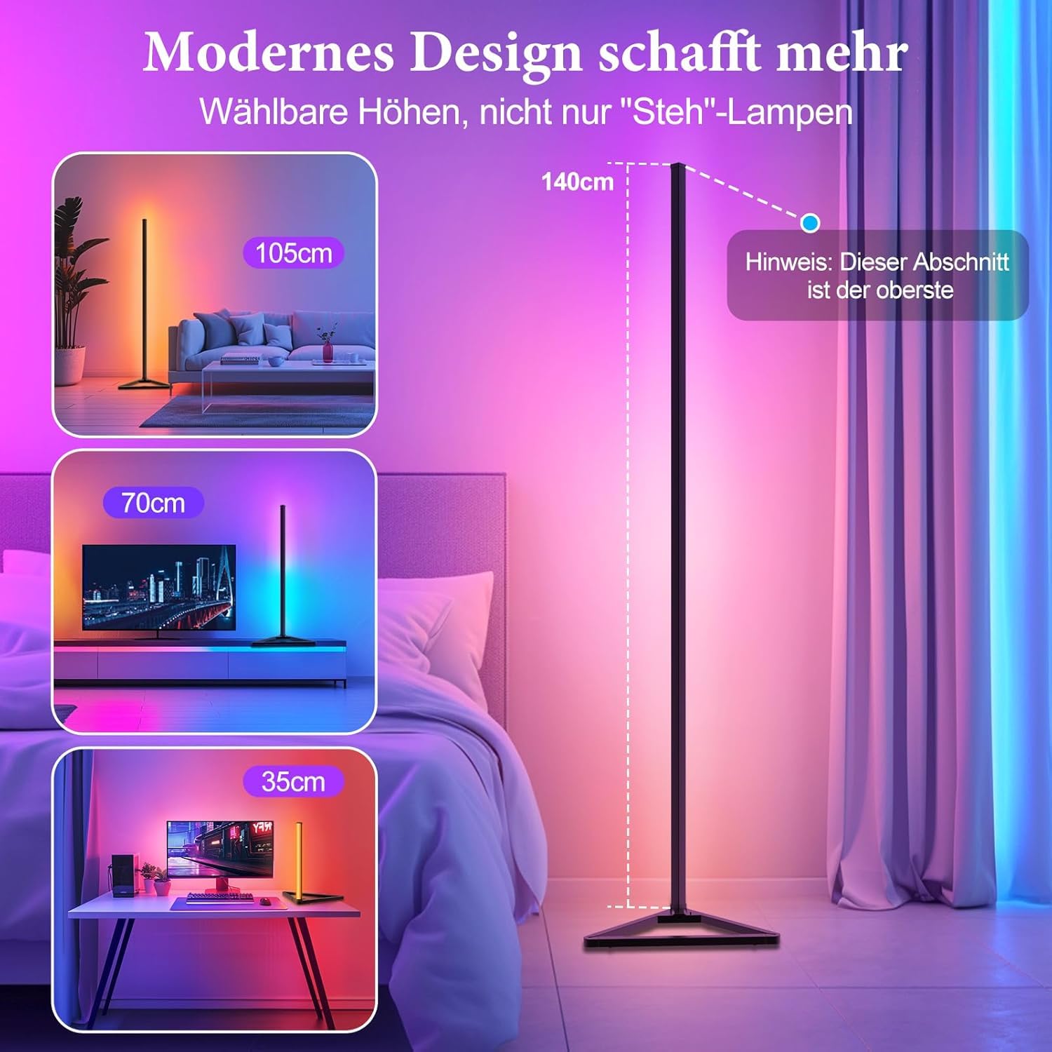 LED Stehlampe Wohnzimmer Dimmbar - 140cm Abnehmbar Stehlampe RGB mit Fernbedienung &APP, 16 Millionen Farben, Musik Sync, Timing-Funktio LED Standleuchte für Schlafzimmer Gaming-Zimmer Deko Wohnzimmer