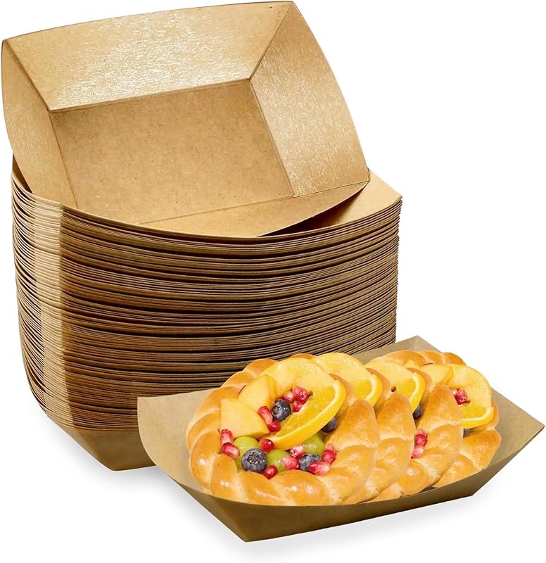 Oomcu Paquete de 100 bandejas de papel resistentes para alimentos de 3 lb, botes desechables de papel marrón kraft para bocadillos de fiesta, nachos, perritos calientes, tacos y barbacoa