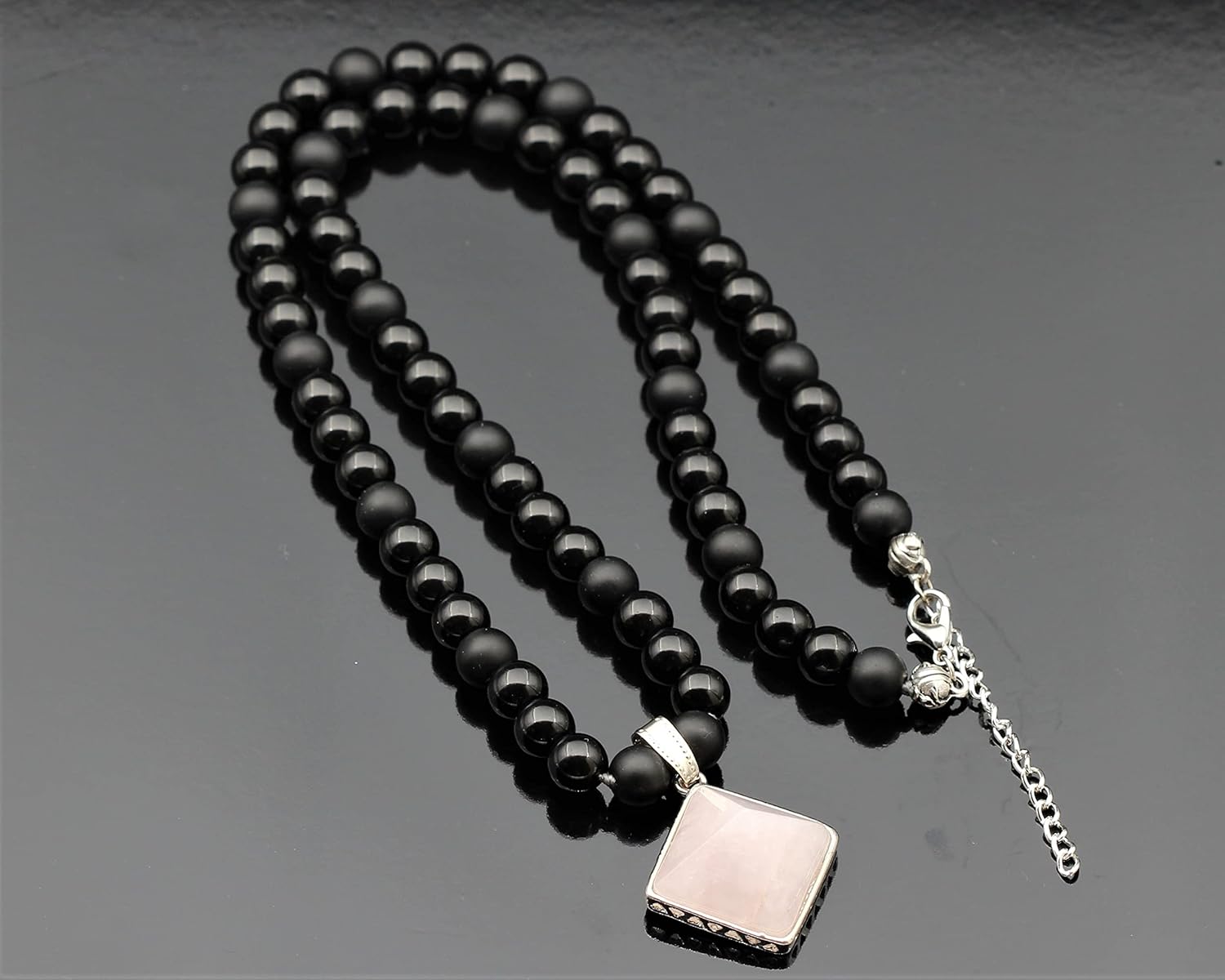 ElisaJewelryArt - Natural Pyramid Amethyst Pendant Necklace Black Onyx Beaded Necklace Genuine Gemstone Feng Shui Stone Clasp Closure Necklace Unisex Necklace - Image 3