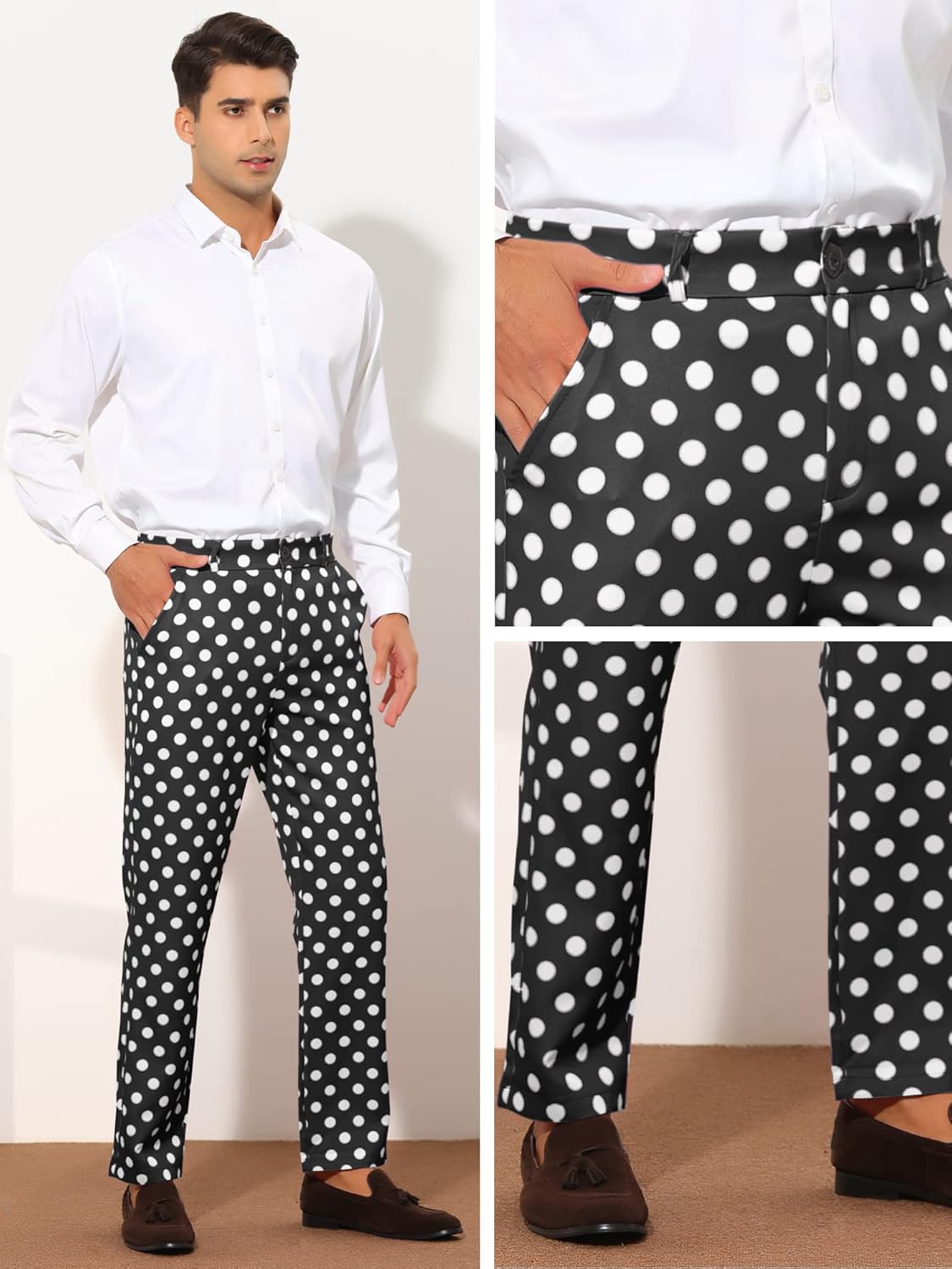 Lars Amadeus Polka Dots Dress Pants for Men's Regular Fit Flat Front Formal Printed Trousers - Image 5