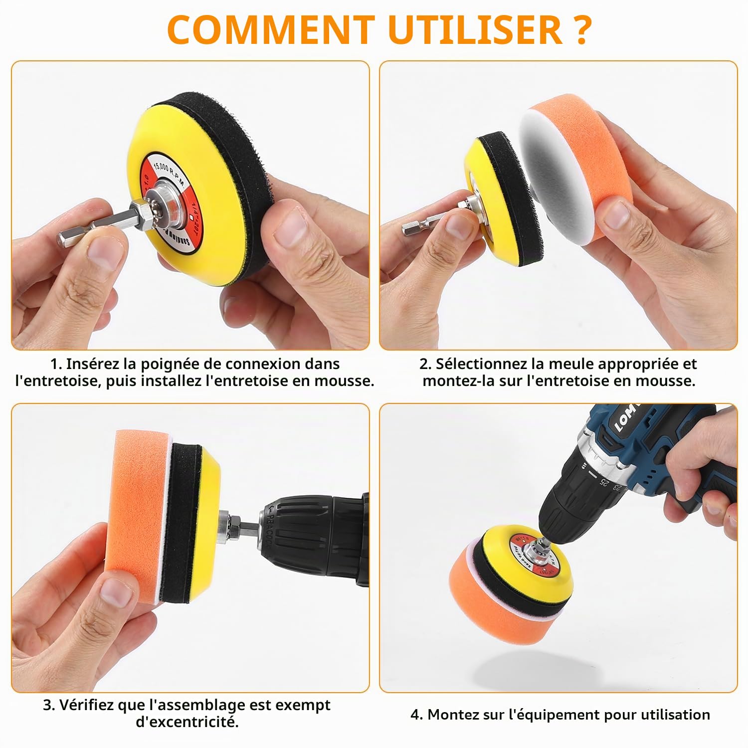 Lot de 120 embouts de polissage pour visseuse sans fil, disques abrasifs humides de 75 mm, tampons de polissage de 75 mm, éponges de polissage de voiture pour polissage, ponçage, cire