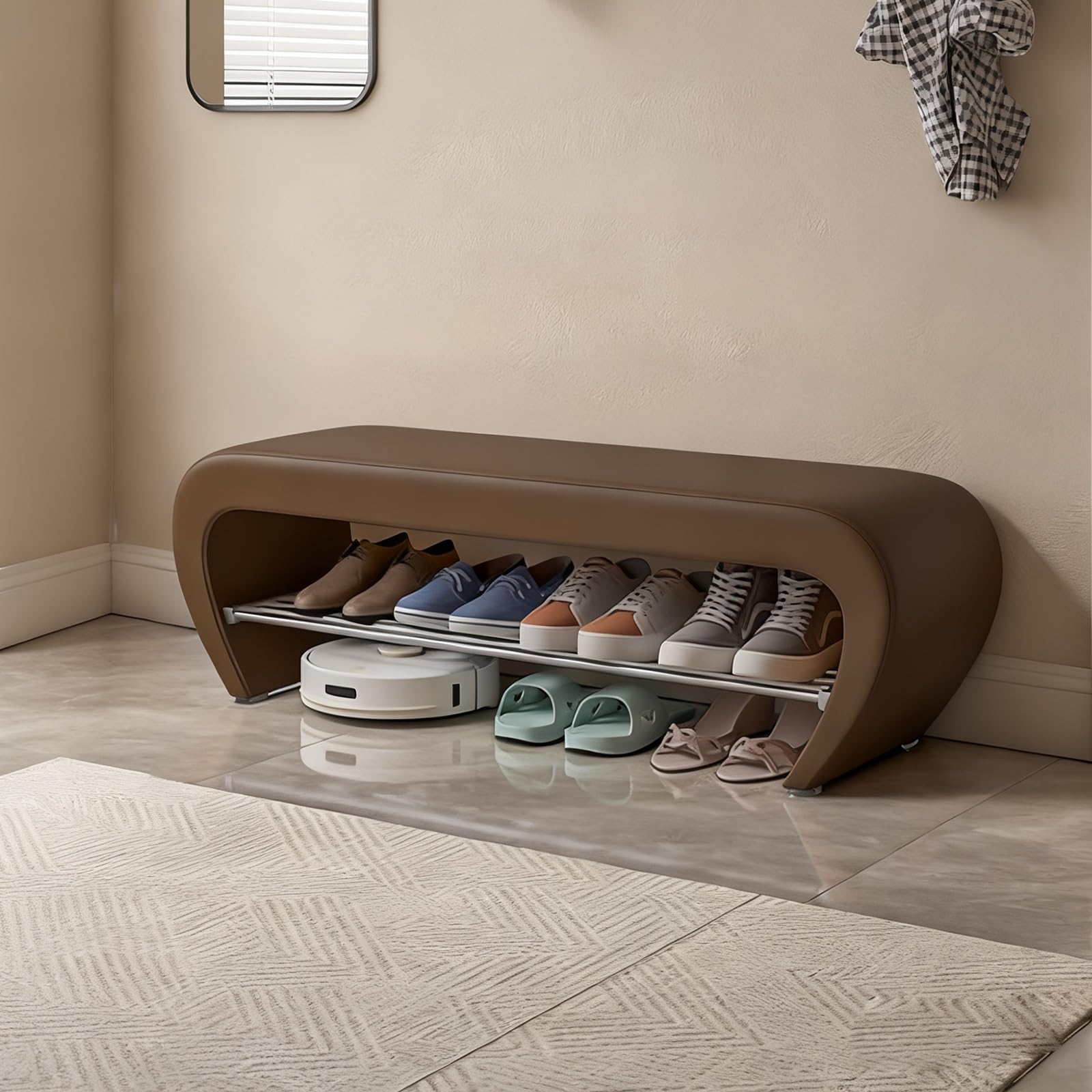 Banc de rangement pour entrée étroite afin d'éviter les chaussures au sol
