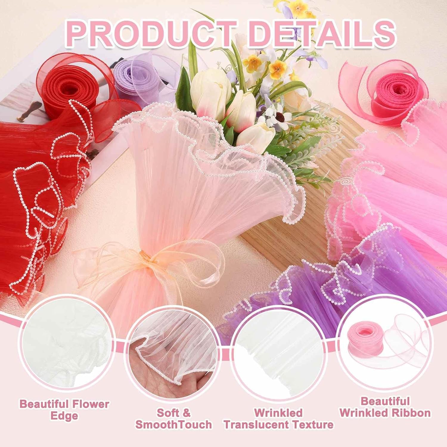 MECCANIXITY 2 Pcs 4 Yards Flower Wrapping Mesh Paper Bouquet Floral Packaging Paper with Organza Ribbon for Valentine's Day Wedding Birthday Florist Supplies, White/Light Pink
