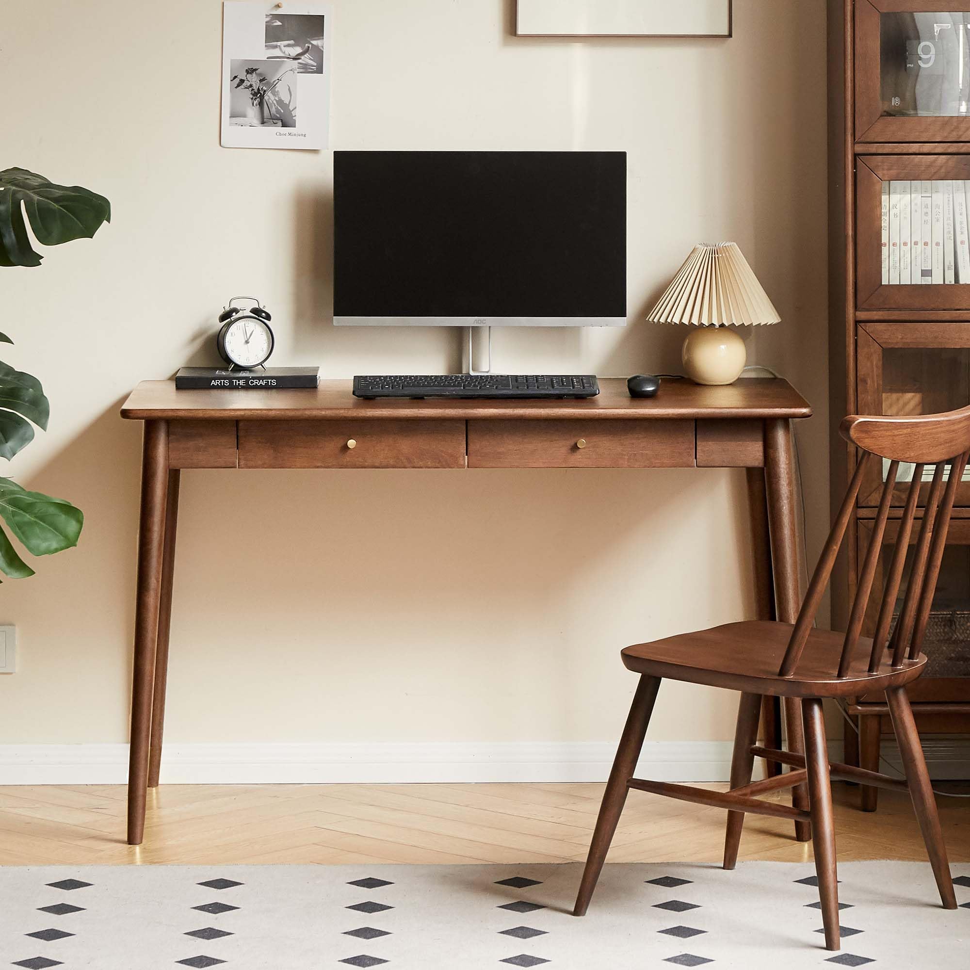 Condition photo showing New/Like New for solid wood desk, mid century modern home office, computer desk with drawers for study bedroom living room 39.37" w