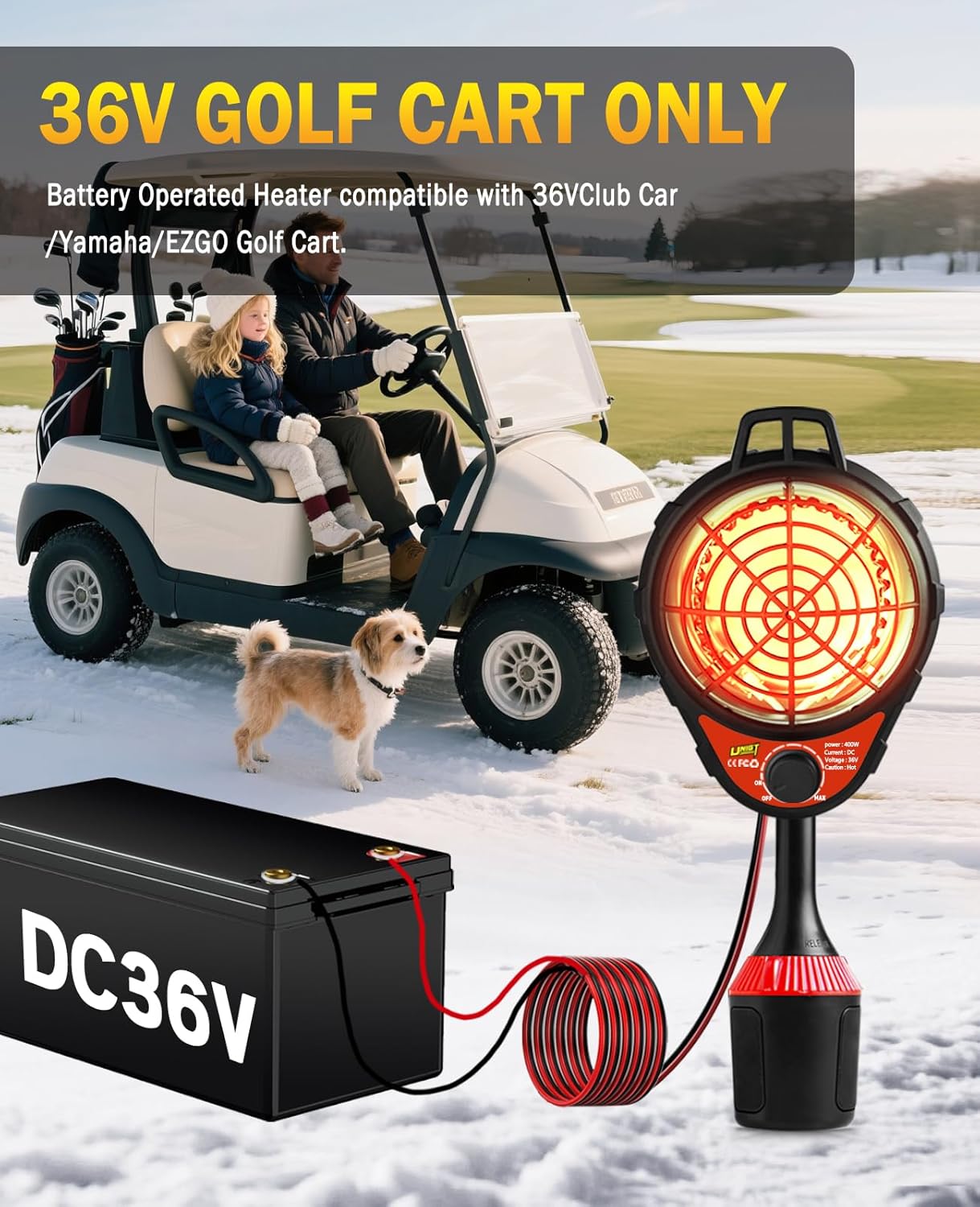 UNIGT Golf Cart Heater Electric with Infinite Temperature Adjustment, 400W 2-Second Fast Heating Battery Operated Heaters Carbon Fiber for Club Car/Yamaha/EZGO, Golf Cart Accessories