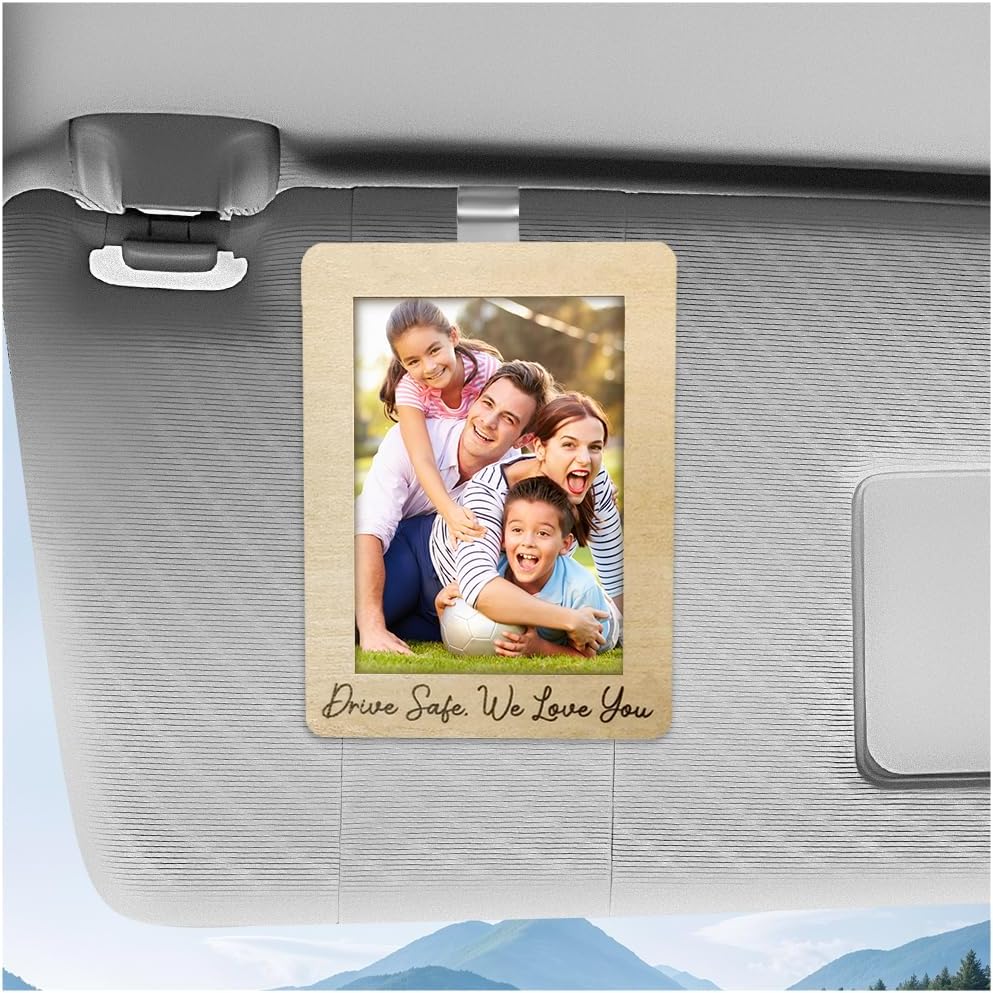 Car Visor Picture Frame, Wooden Photo Frame Automotive Sun Visor Clips for Family Members, Drive Safe Vehicle Personalized Decor Hanging Photo Holder for Fathers Day Gift (We Love You) - Image 1 of 6