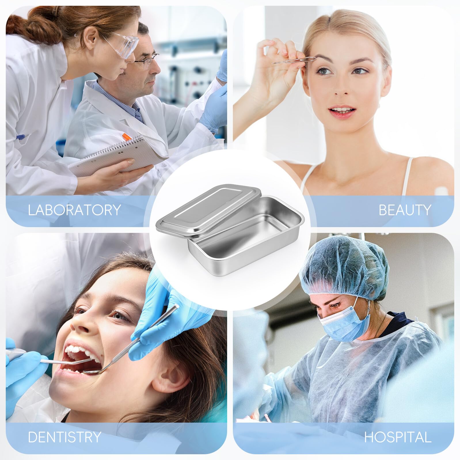 Ciieeo 4 Pièces Plateau Inox avec Couvercle Bac Multifonction pour Instruments Oraux Plateau et Facile à Stériliser Rangement Sécurisé pour Usage et Esthétique