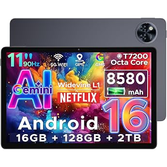 U11 Android 16 Tablet 11 Inch Gemini AI 16GB RAM +128GB ROM 2TB TF 8580mAh Gaming Tablet Unisoc T7200 Octa-Core Widevine L1+13MP+5MP Tablets PC 2.4G+5G WLAN GMS/3.5mm Audio/OTG/GPS/Face ID