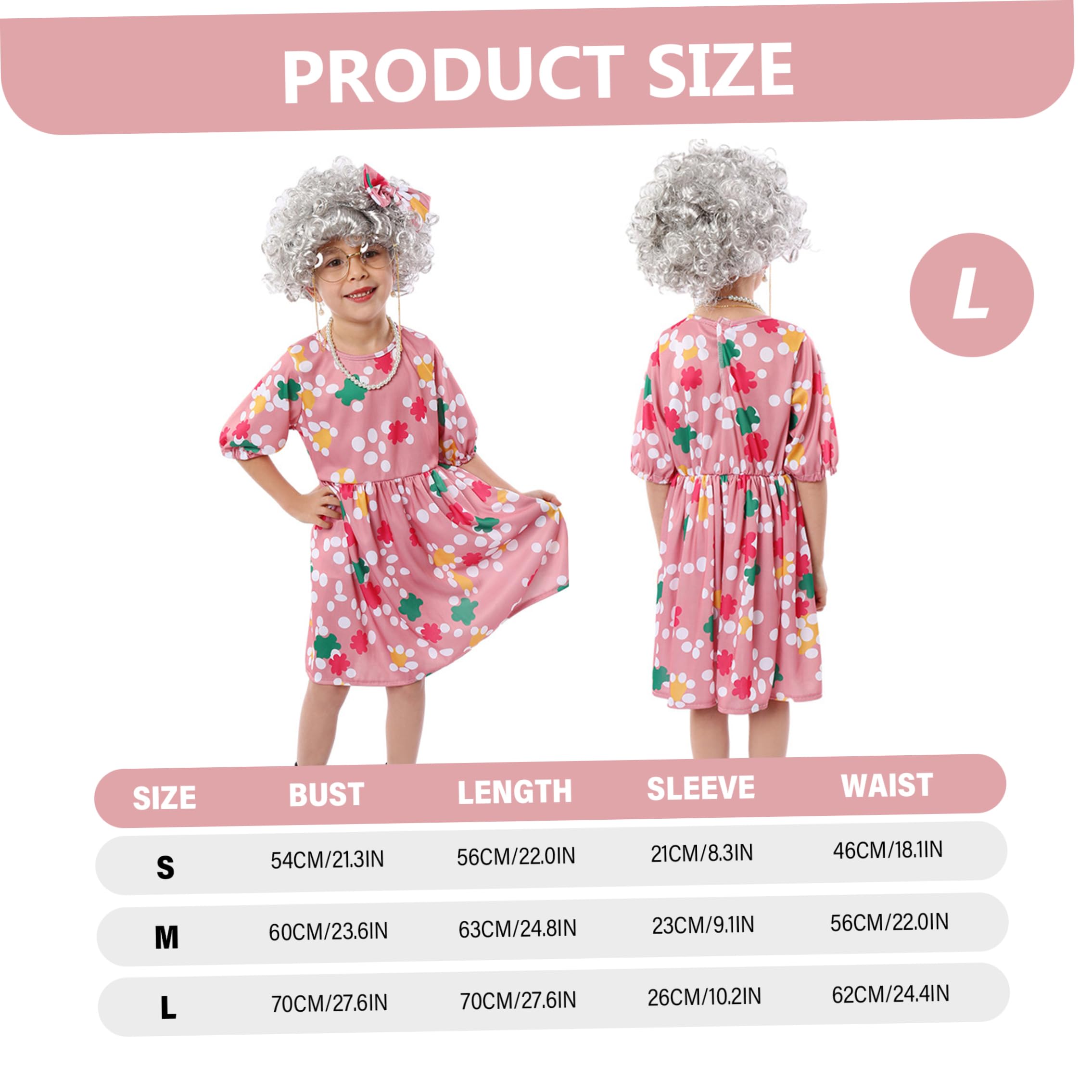 Disfraz de anciana para niños, Disfraz de Abuela, Conjunto Completo con Vestido y Accesorios para el día número 100 de Clases |.Talla L